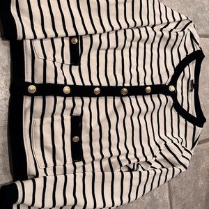 Talbots Navy and Cream Striped Cardigan with Gold Buttons